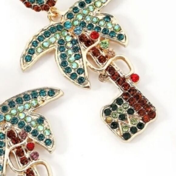 New PALM COCONUT TREE rhinestone earrings - Picture 5 of 7